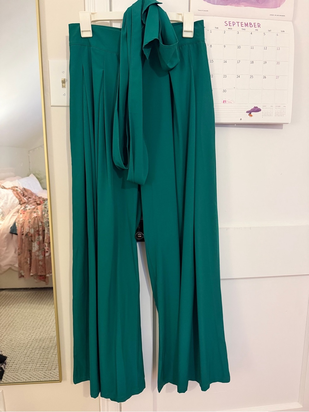 Wide-Leg Tie-Waist Jumpsuit Pants in Teal